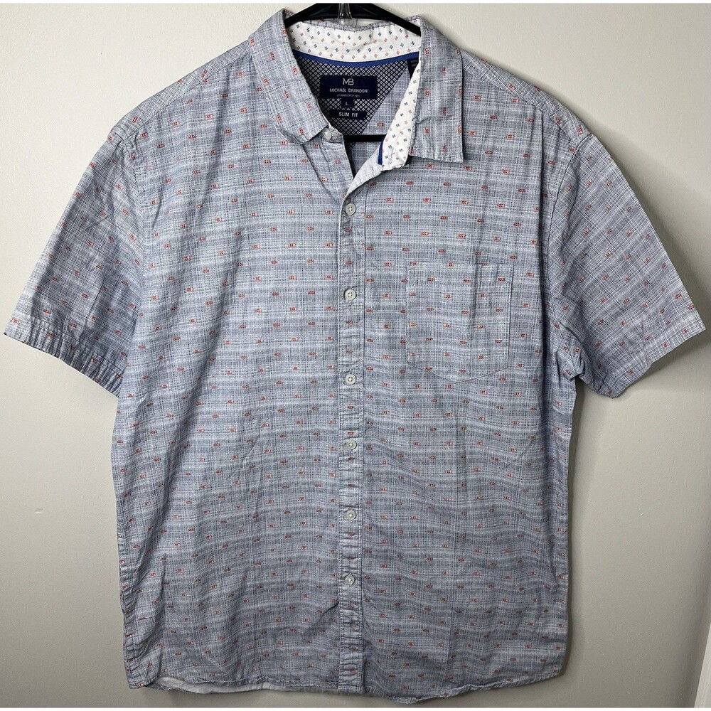 Michael Brandon Mens Button Up Shirt Blue Size L Slim Fit Short Sleeve